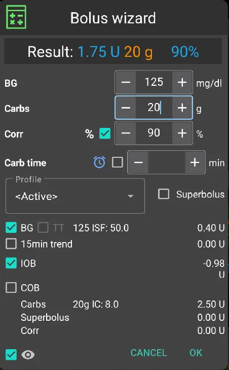 Bolus wizard working out a 1.75 unit dose from a glucose of 125 mg/dl and 20 g of carbs, with the breakdown of each part of the calculation