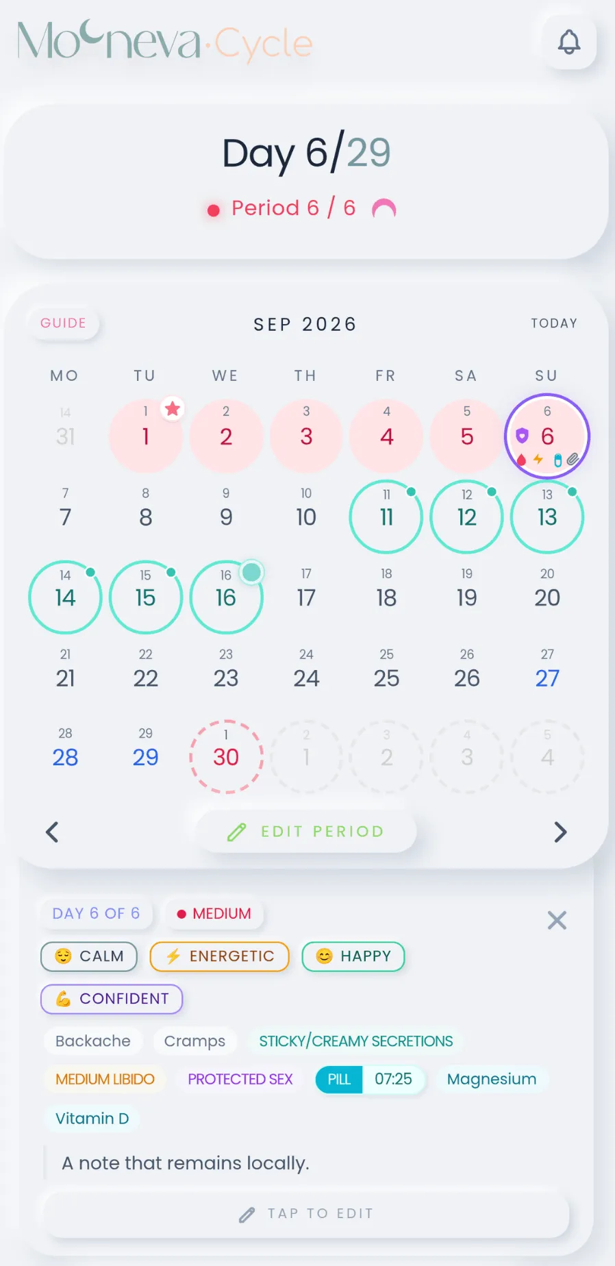 Calendar for September 2026 marking period days 1 to 6 and a fertile window, above the day's log of flow, moods, symptoms, pill and a note