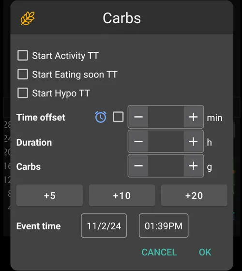 Carbs dialog with options to start a temporary target, set a time offset and duration, enter grams of carbs with quick add buttons, and pick the event time
