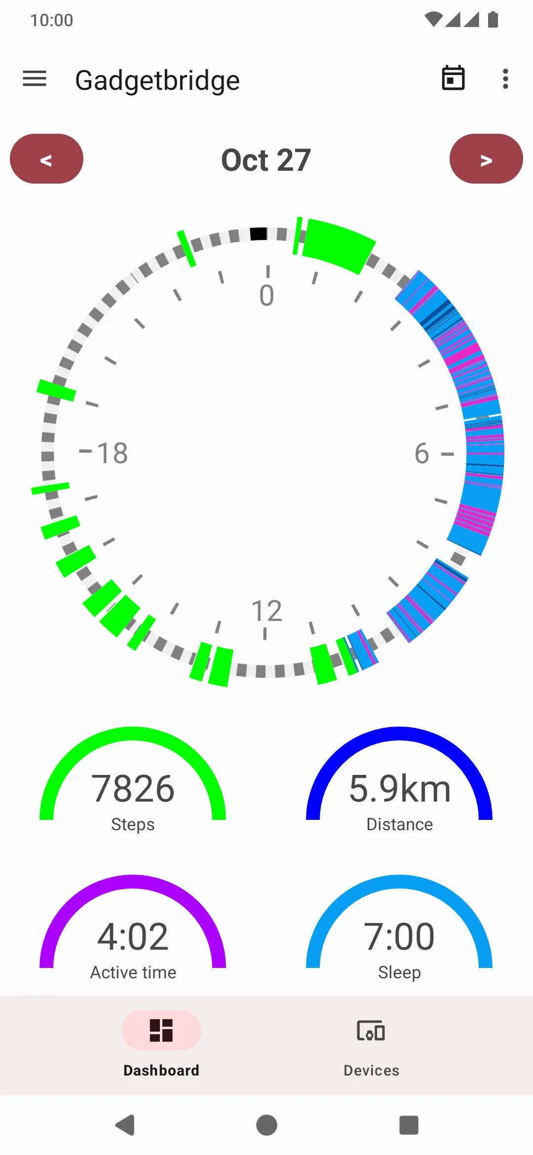 Dashboard for one day with a 24-hour clock ring of activity and sleep, and totals for steps, distance, active time and sleep
