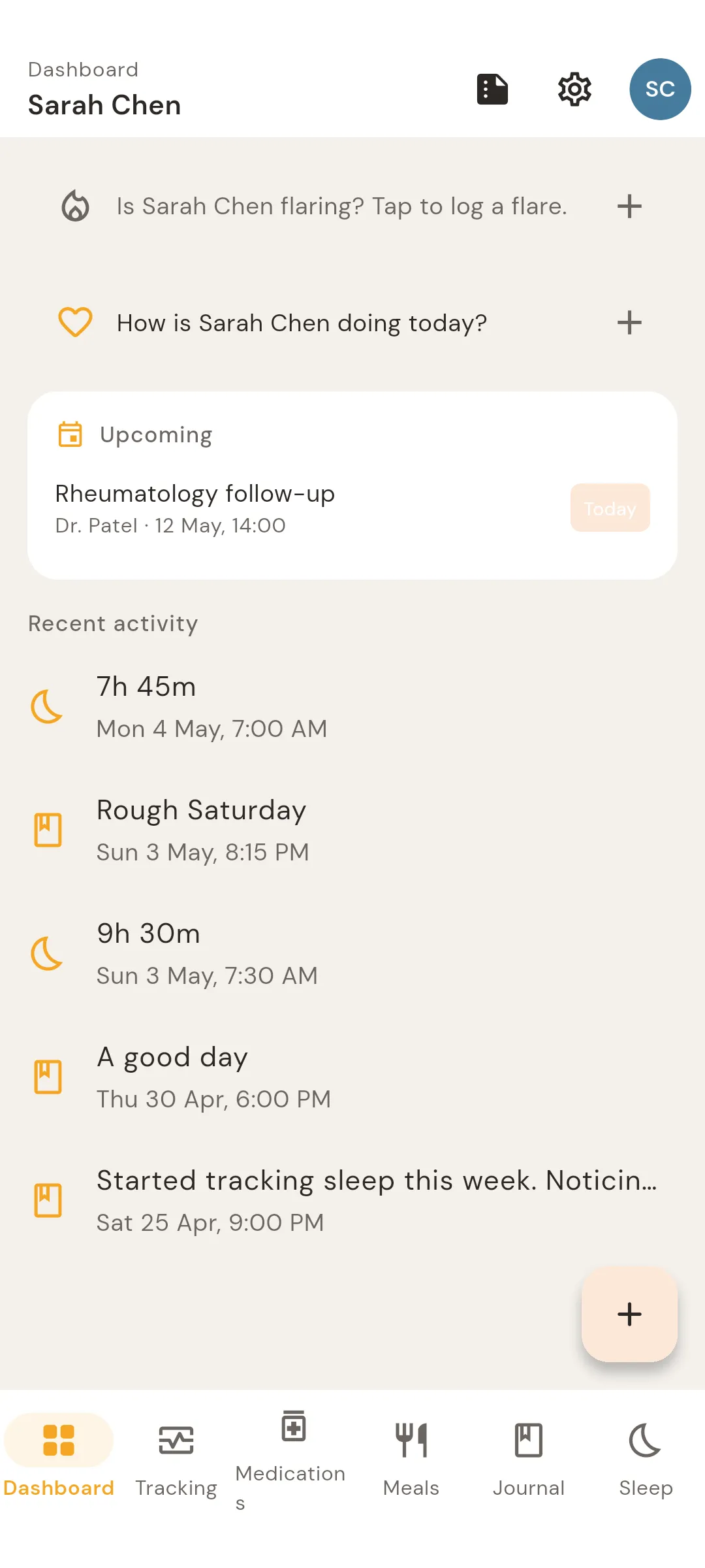Dashboard for a sample profile, with prompts to log a flare or check in, an upcoming appointment and recent sleep and journal entries