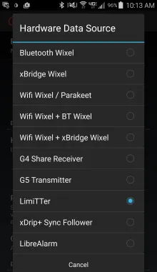 Hardware Data Source picker listing supported readers and transmitters such as Wixel, G5 Transmitter, LimiTTer and LibreAlarm, with LimiTTer selected