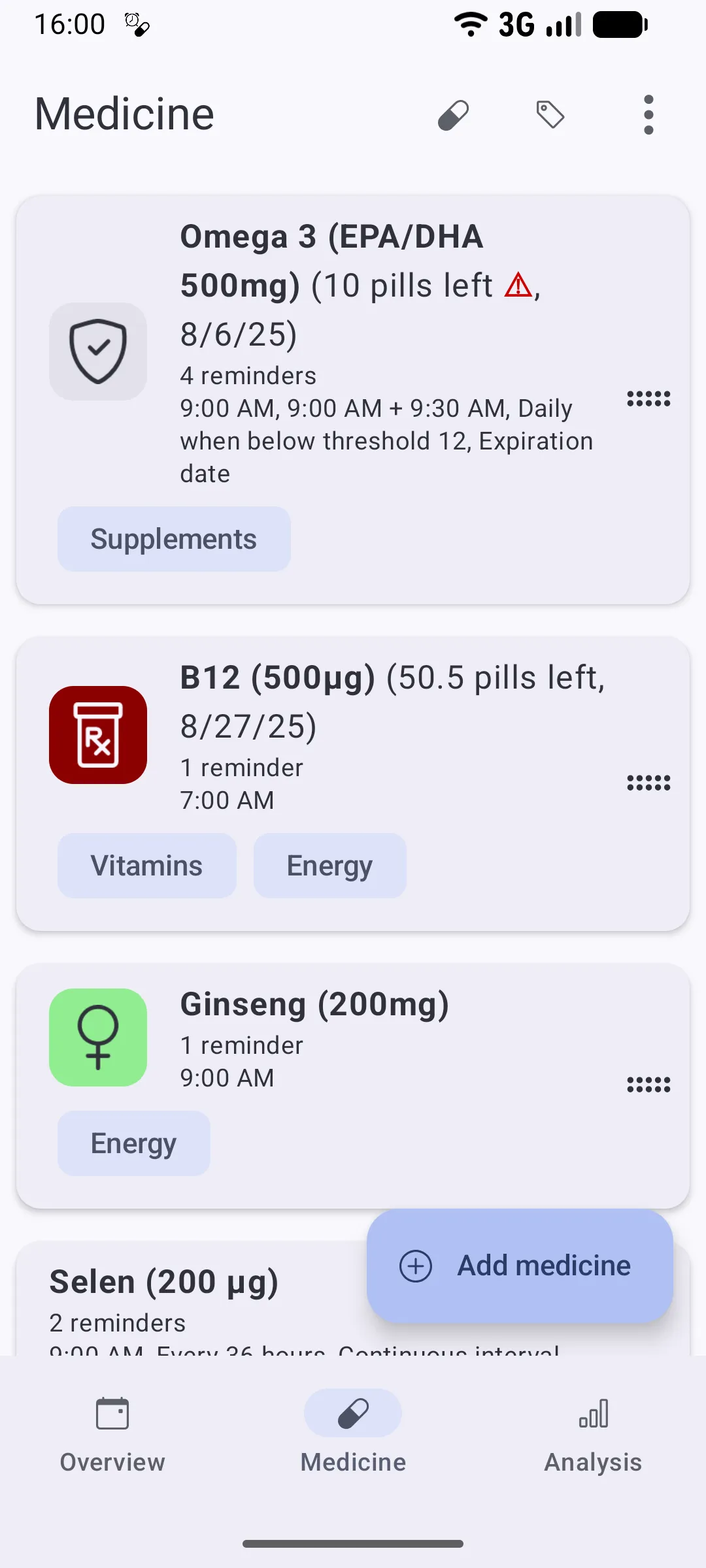 Medicine list with Omega 3, B12 and Ginseng, each showing pills left, reminder times and tags like Supplements and Energy