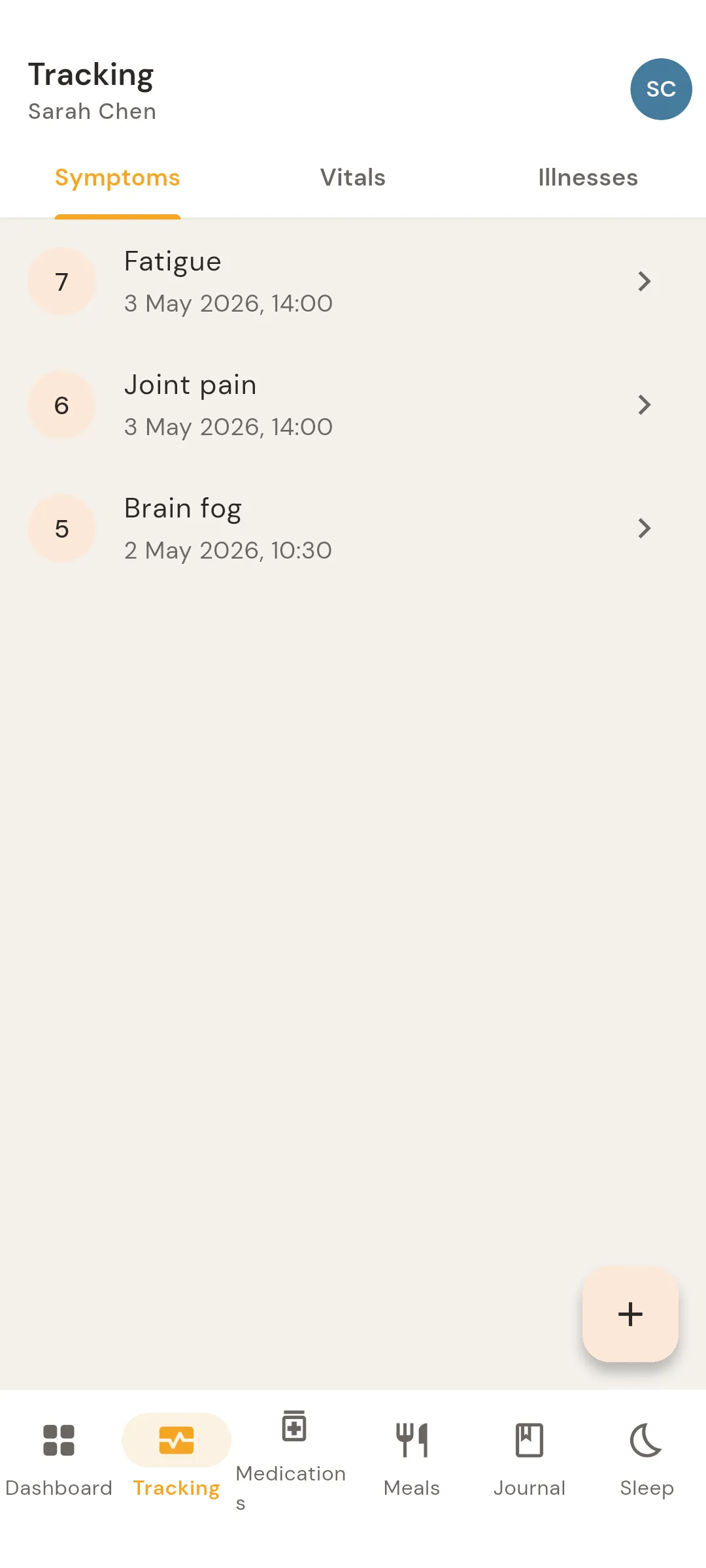 Symptoms tab listing fatigue, joint pain and brain fog, each with a severity score and the time it was logged